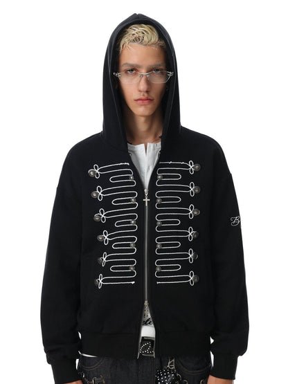 Knot Embroidery Metal Stud Cross Zipper Hoodie WN27796