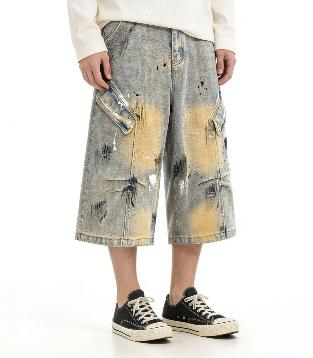 Washed Paint Wide Leg Denim Half Jeans WN27823