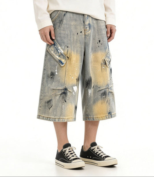 Washed Paint Wide Leg Denim Half Jeans WN27823