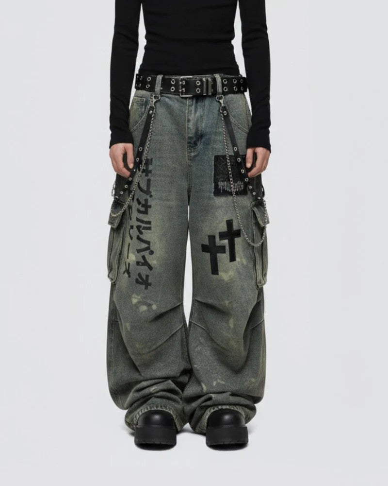Cargo Pocket Letter Print Wide Leg Denim Jeans WN27787