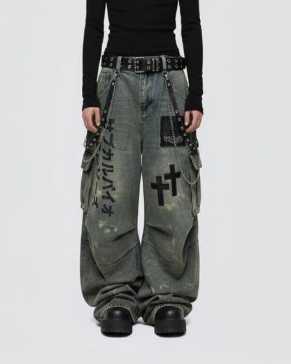 Cargo Pocket Letter Print Wide Leg Denim Jeans WN27787