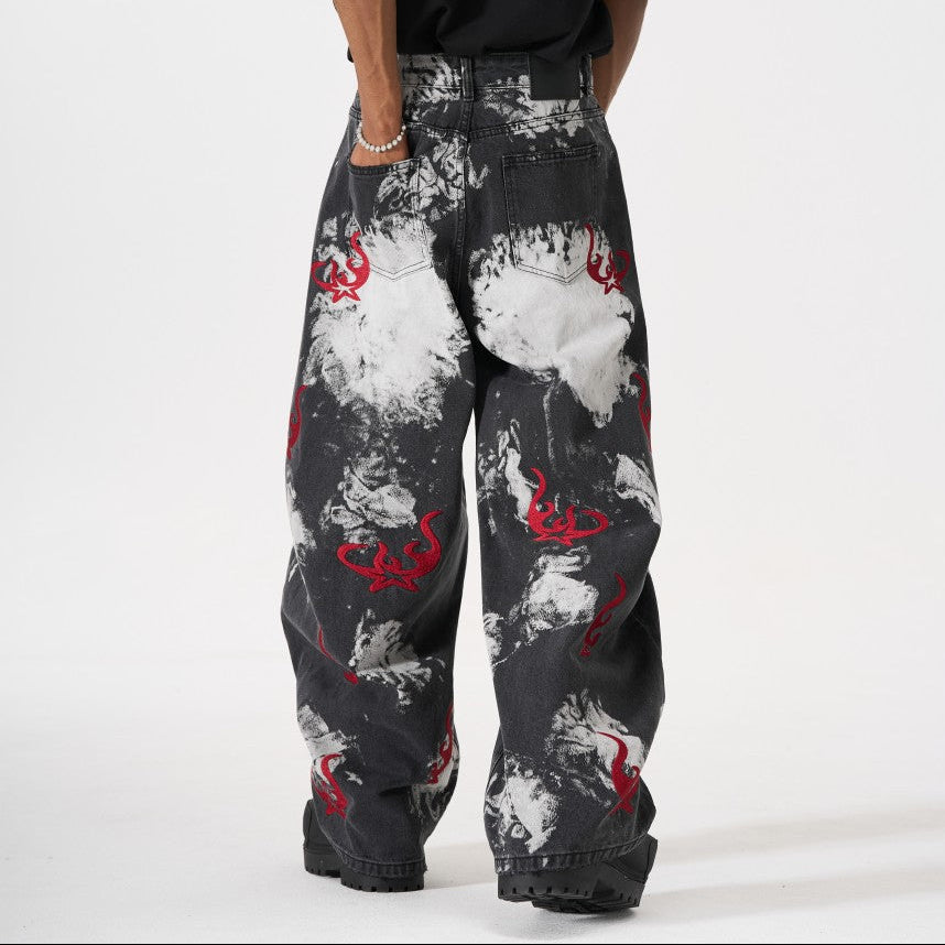Washed Graphic Print Wide Leg Denim Jeans WN27794
