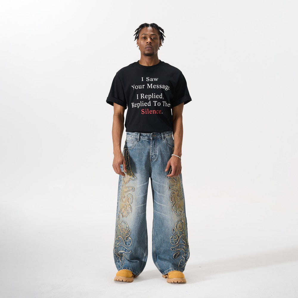 Frayed Applique Embroidery Washed Wide Leg Denim Jeans WN27833