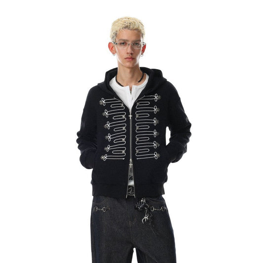 Knot Embroidery Metal Stud Cross Zipper Hoodie WN27796