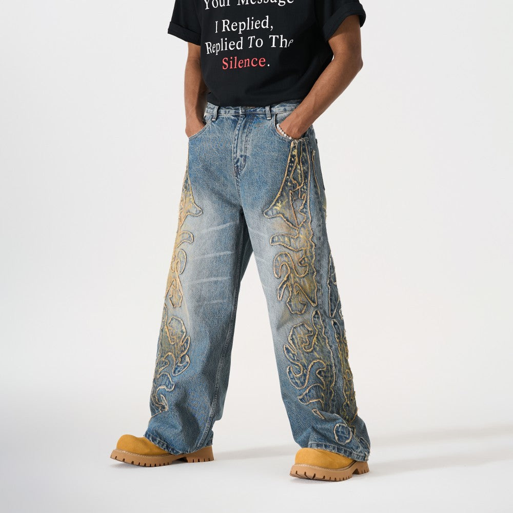 Frayed Applique Embroidery Washed Wide Leg Denim Jeans WN27833