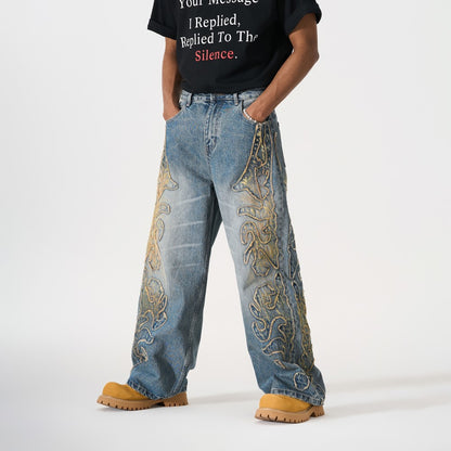 Frayed Applique Embroidery Washed Wide Leg Denim Jeans WN27833
