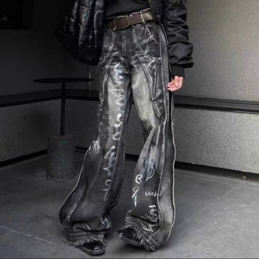 Patchwork Graffiti Wide Leg Denim Jeans WN27832