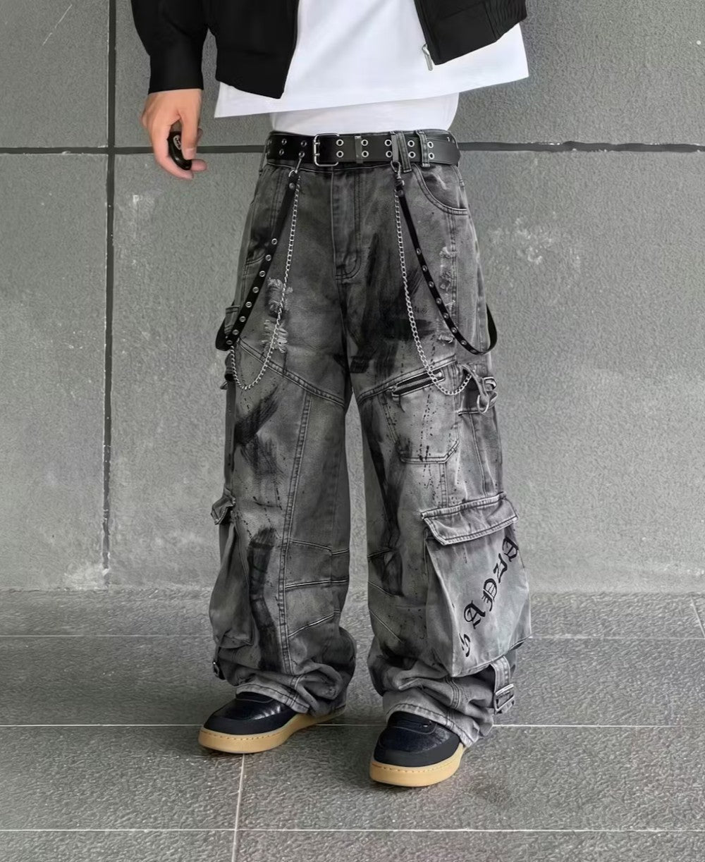 Cargo Pocket Letter Print Wide Leg Denim Jeans WN27787