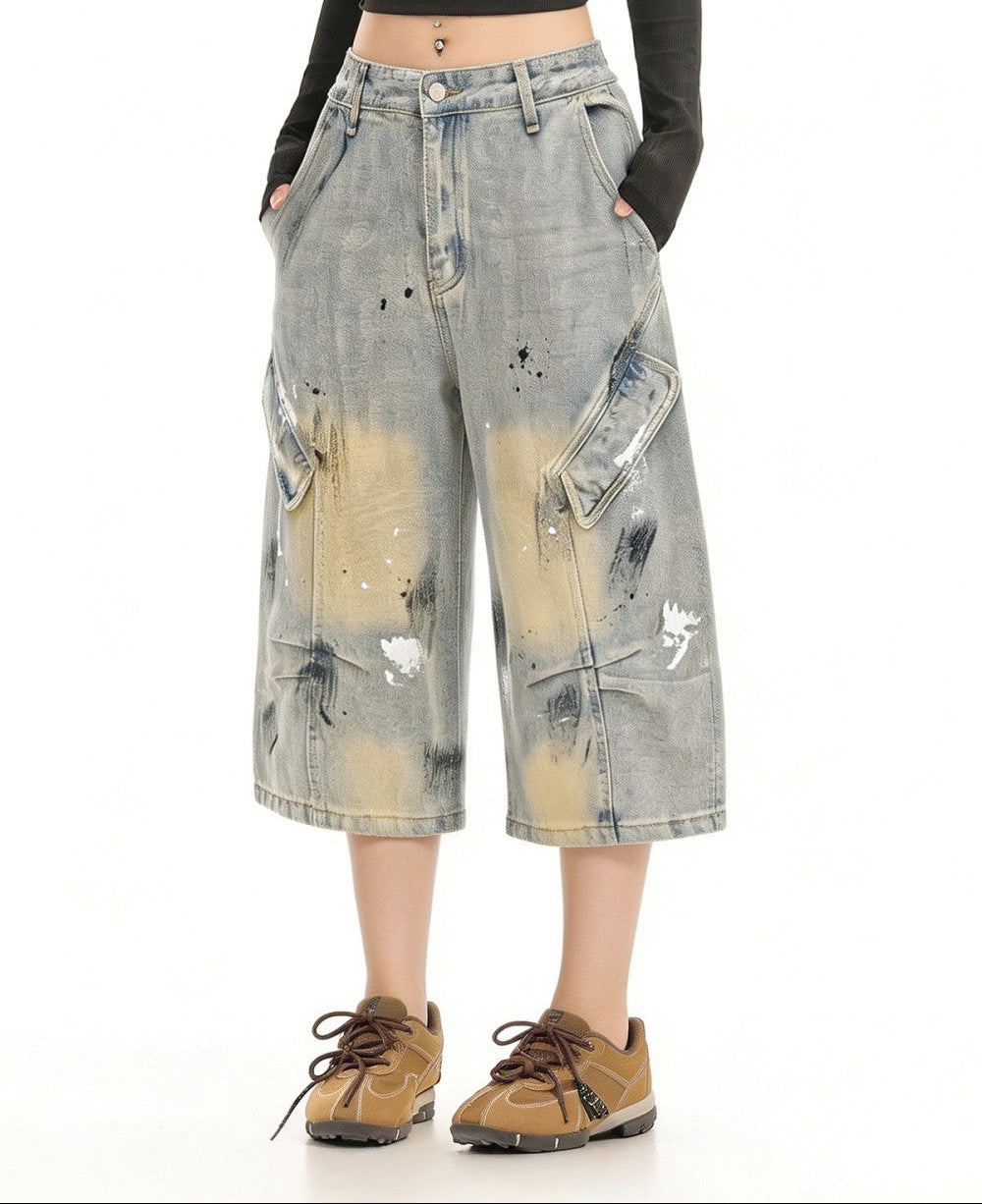 Washed Paint Wide Leg Denim Half Jeans WN27823