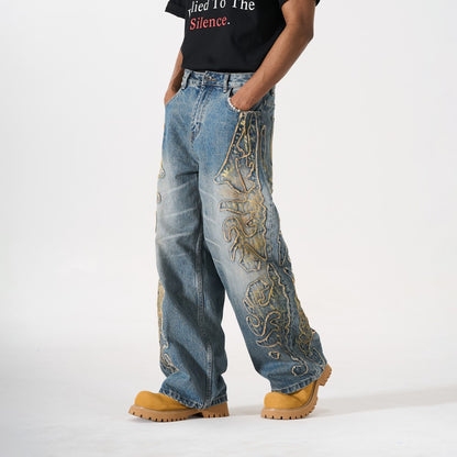 Frayed Applique Embroidery Washed Wide Leg Denim Jeans WN27833
