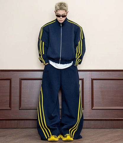 Stripe Curved Draped Wide Leg Pants & Jacket Setup WN27831