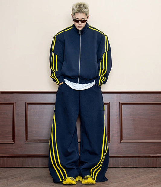 Stripe Curved Draped Wide Leg Pants & Jacket Setup WN27831