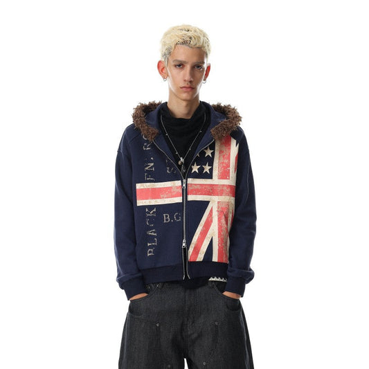 Fake Fur Graphic Print Zipper Hoodie WN27790