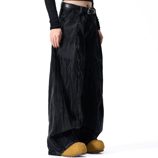 Wrinkle Texture Wide Leg Denim Jeans WN27788