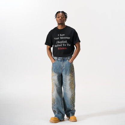 Frayed Applique Embroidery Washed Wide Leg Denim Jeans WN27833