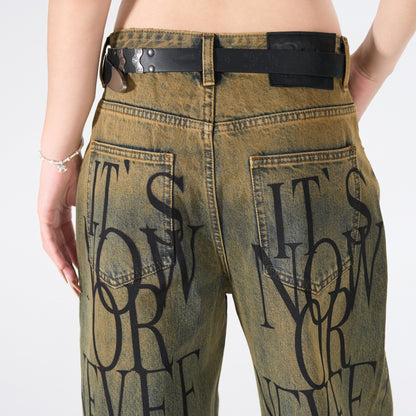 Letter Graphic Wide Leg Denim Jeans WN27800