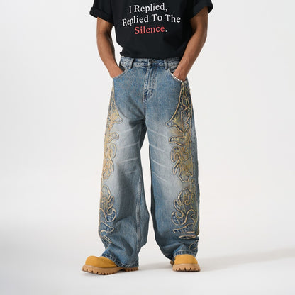 Frayed Applique Embroidery Washed Wide Leg Denim Jeans WN27833