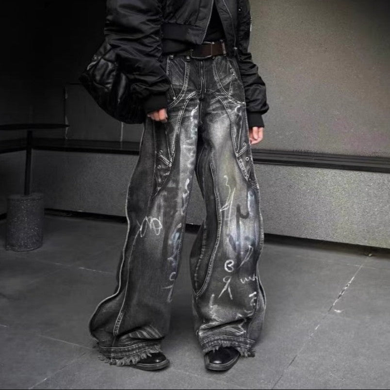 Patchwork Graffiti Wide Leg Denim Jeans WN27832
