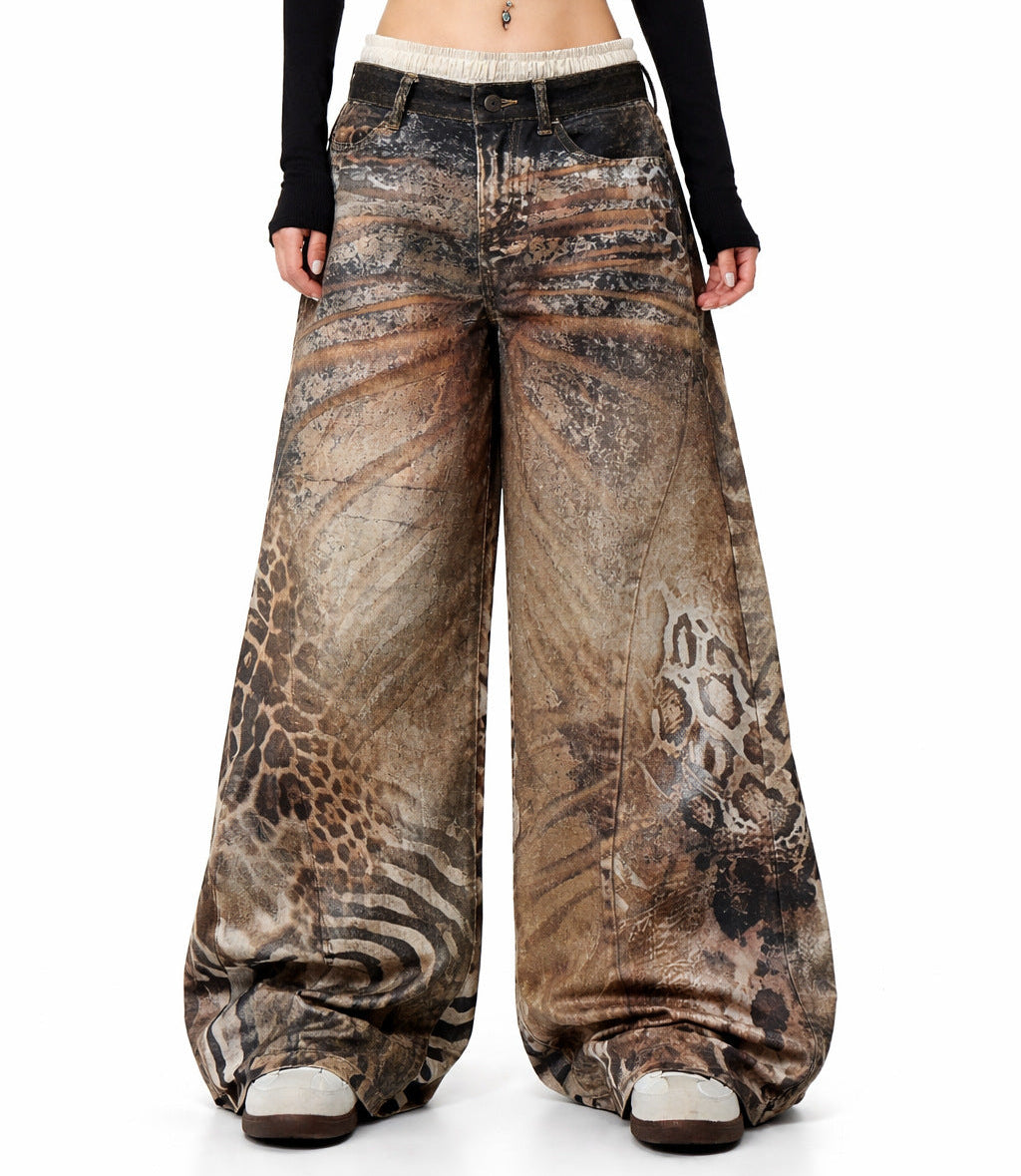 Leopard Print Patchwork Wide Leg Denim Jeans WN27839