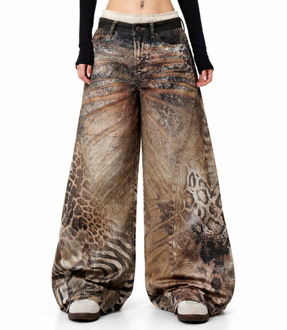 Leopard Print Patchwork Wide Leg Denim Jeans WN27839