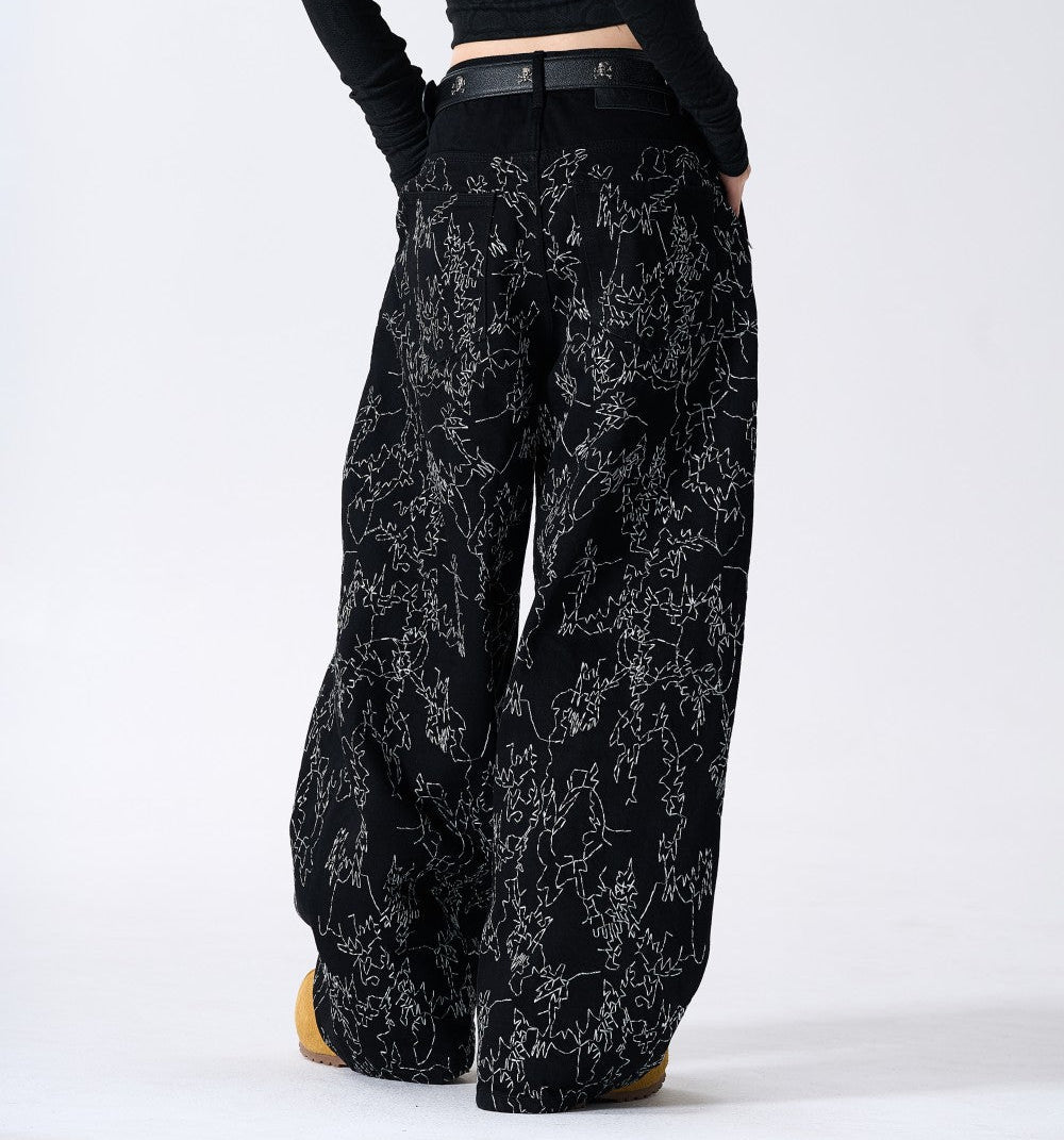 All-Over Embroidery Washed Wide Leg Denim Jeans WN27835