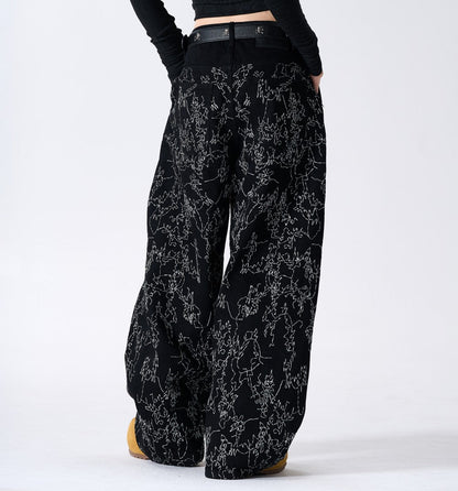 All-Over Embroidery Washed Wide Leg Denim Jeans WN27835