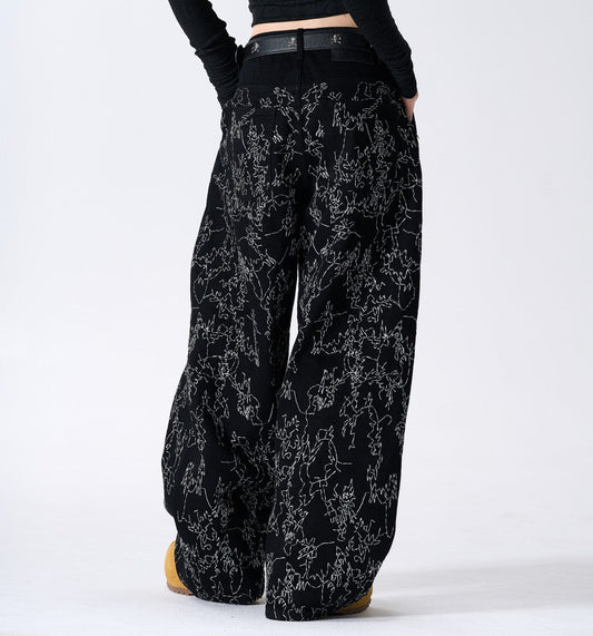 All-Over Embroidery Washed Wide Leg Denim Jeans WN27835