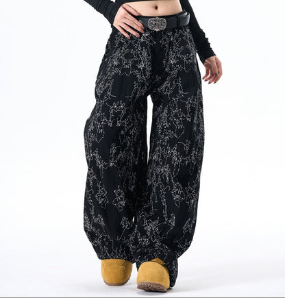 All-Over Embroidery Washed Wide Leg Denim Jeans WN27835