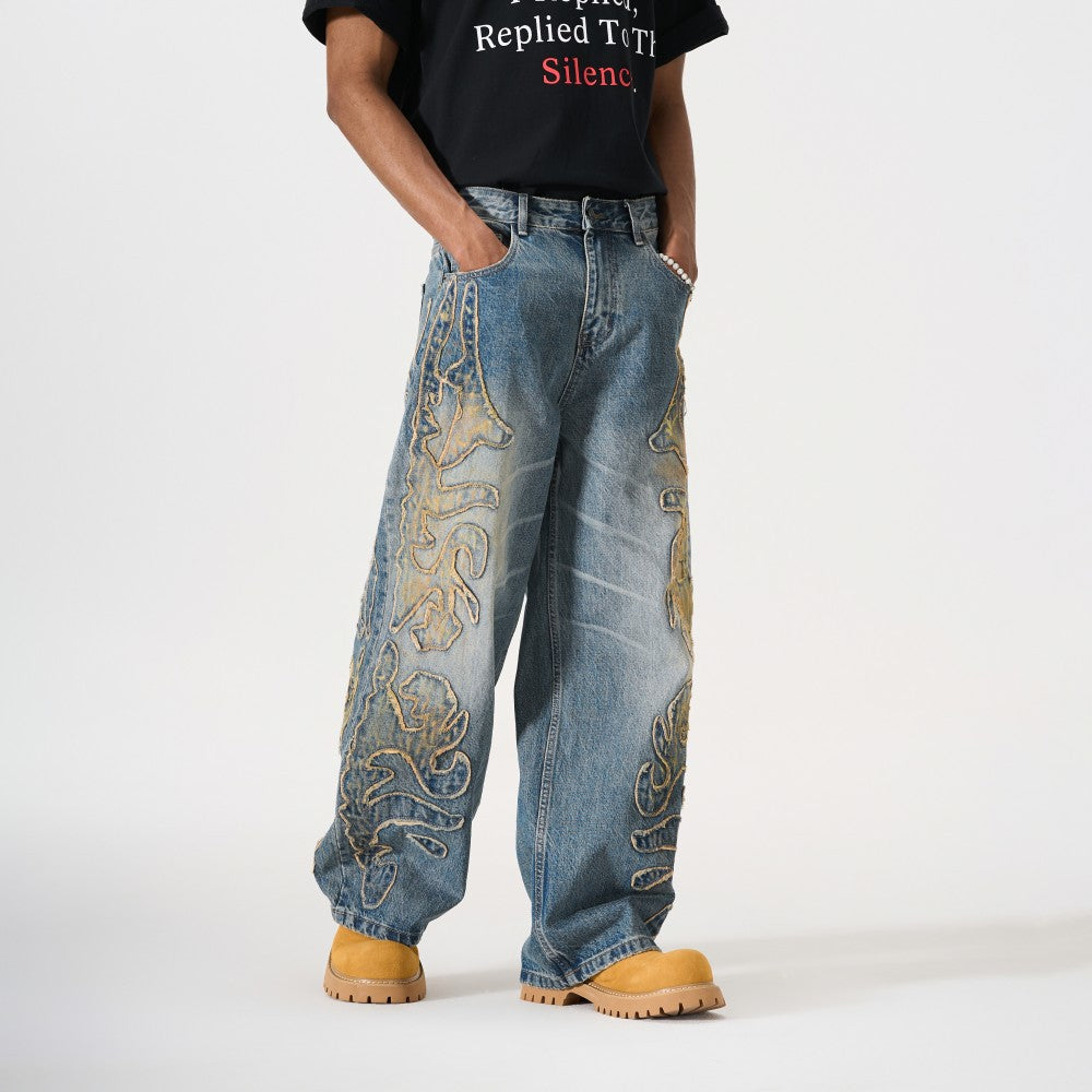 Frayed Applique Embroidery Washed Wide Leg Denim Jeans WN27833