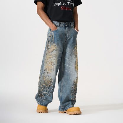 Frayed Applique Embroidery Washed Wide Leg Denim Jeans WN27833