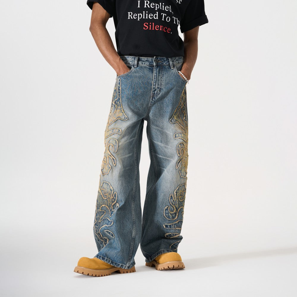 Frayed Applique Embroidery Washed Wide Leg Denim Jeans WN27833