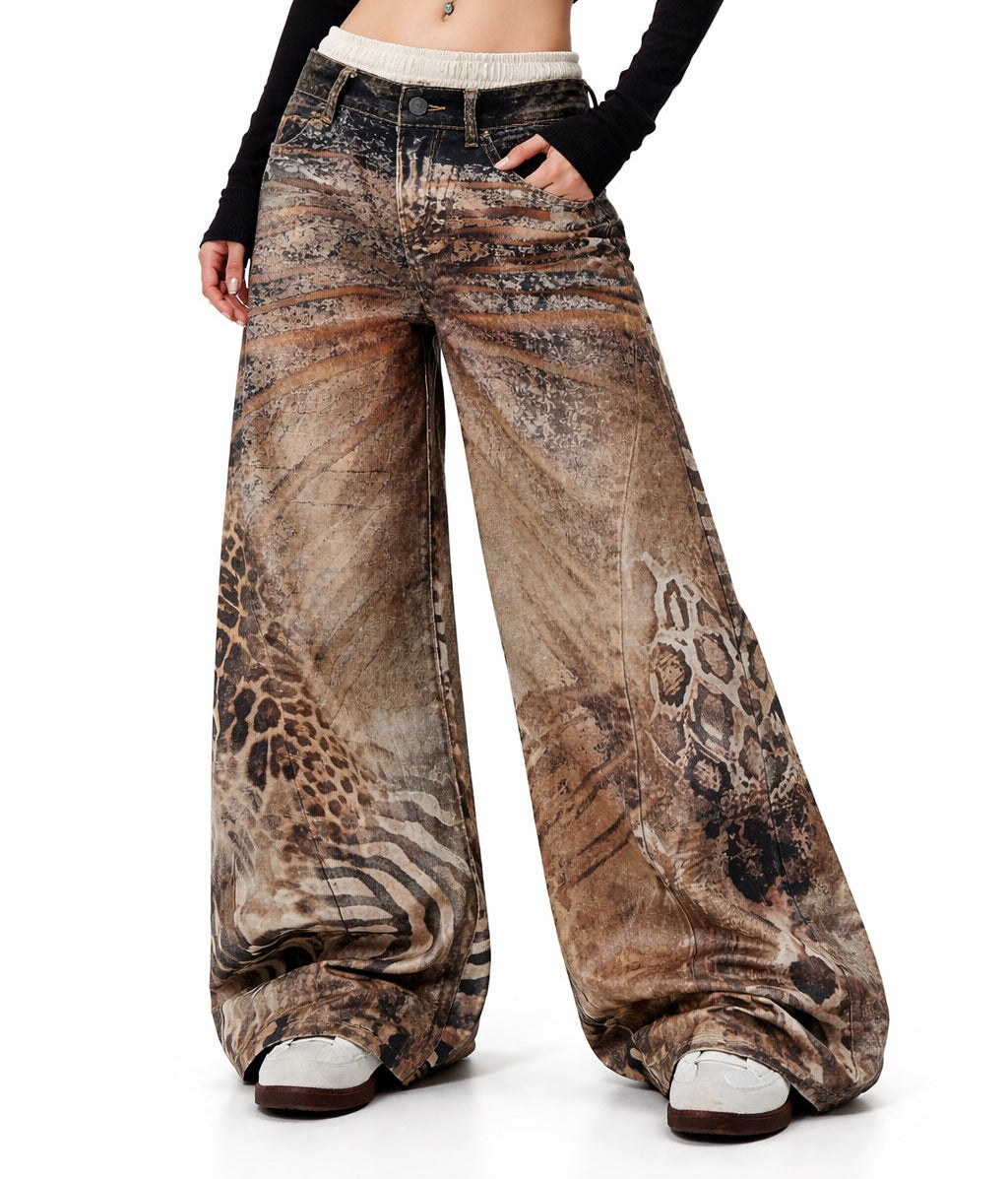 Leopard Print Patchwork Wide Leg Denim Jeans WN27839