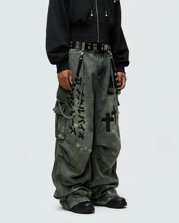 Cargo Pocket Letter Print Wide Leg Denim Jeans WN27787