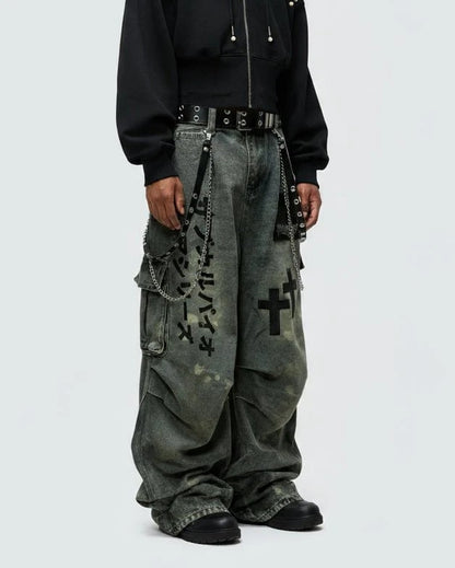 Cargo Pocket Letter Print Wide Leg Denim Jeans WN27787