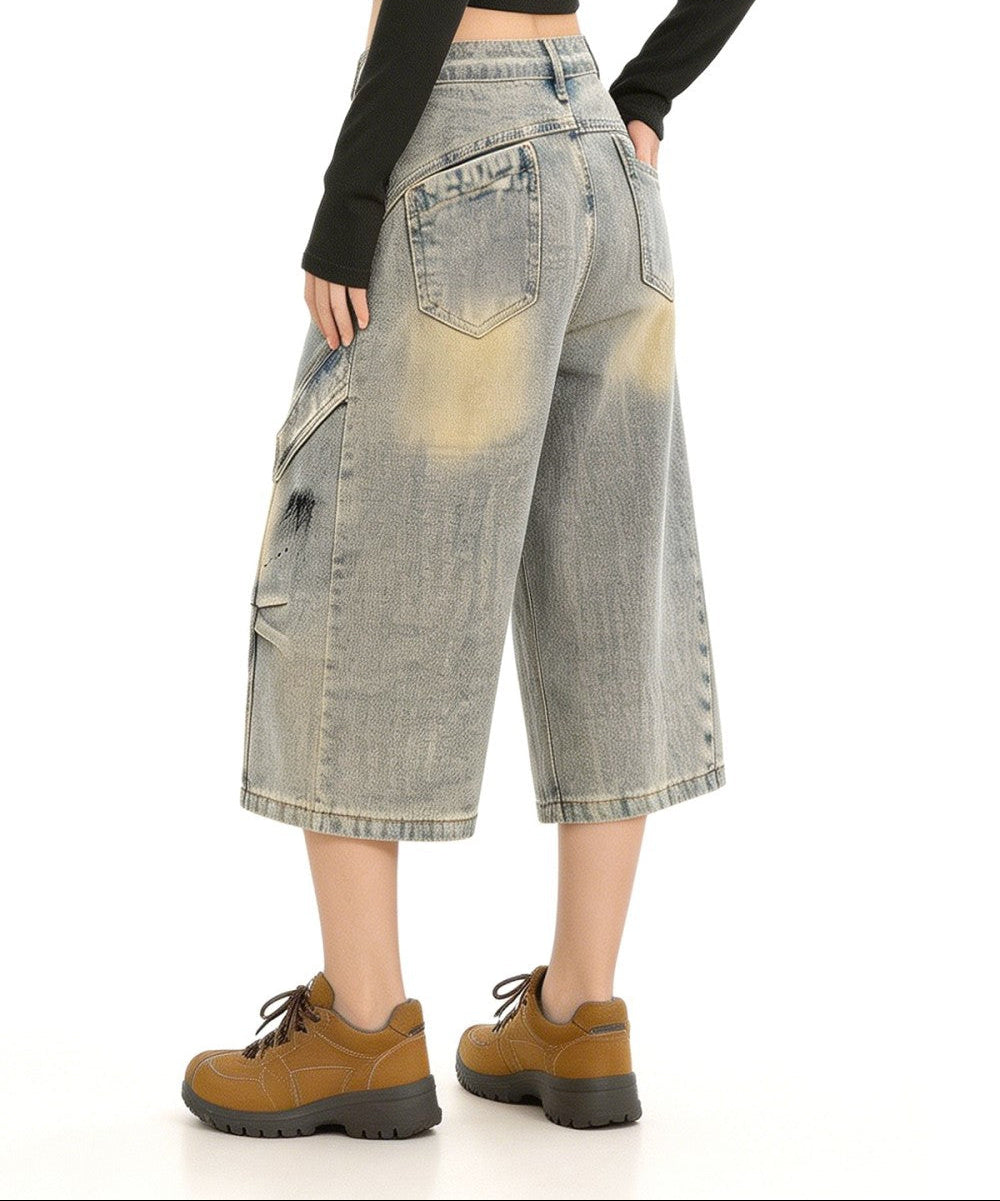 Washed Paint Wide Leg Denim Half Jeans WN27823