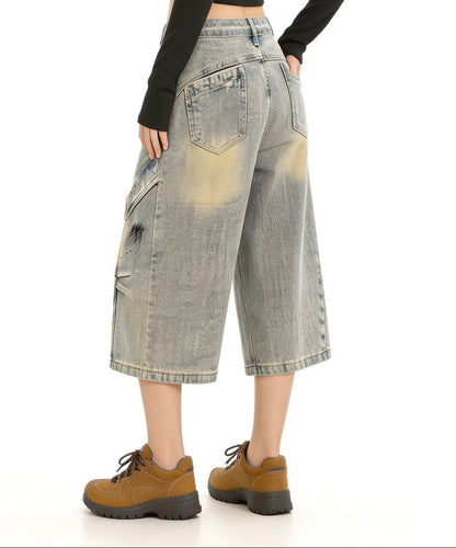 Washed Paint Wide Leg Denim Half Jeans WN27823