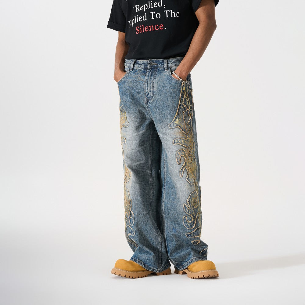 Frayed Applique Embroidery Washed Wide Leg Denim Jeans WN27833