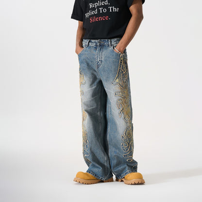 Frayed Applique Embroidery Washed Wide Leg Denim Jeans WN27833