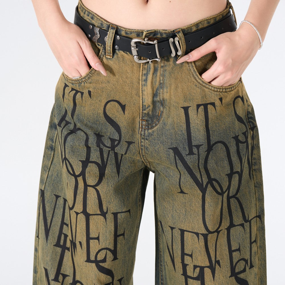 Letter Graphic Wide Leg Denim Jeans WN27800