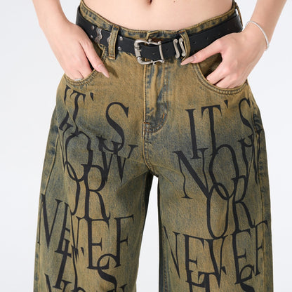 Letter Graphic Wide Leg Denim Jeans WN27800