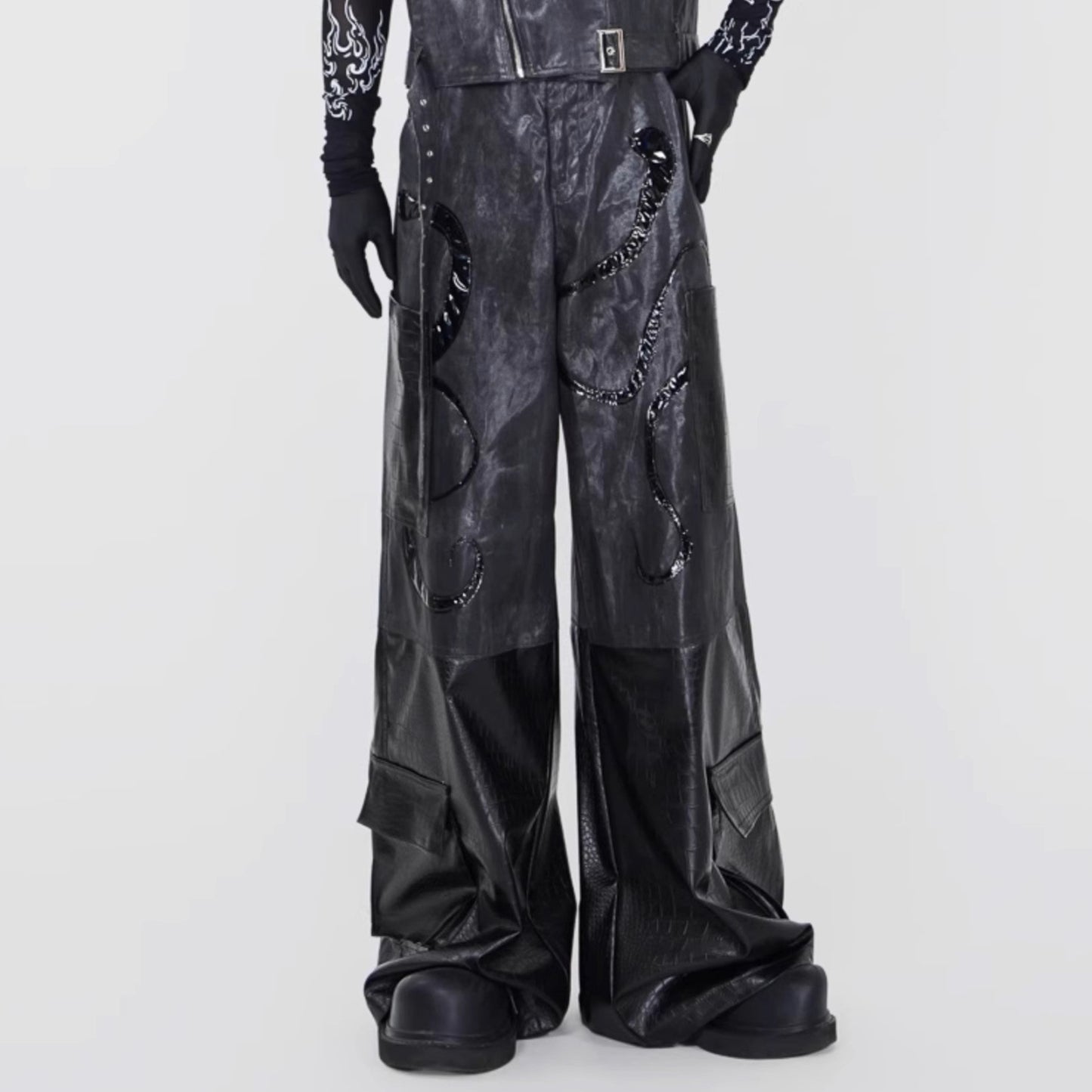 PU Leather Short Sleeve Jacket & PU Leather Wide Leg Pants & Graphic Design Mesh Long Sleeve T-Shirt Setup WN17339