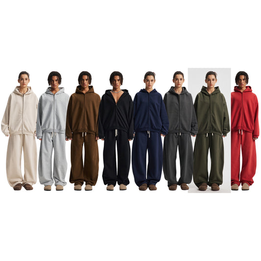 Fleece Lining Side Pocket Zipper Hoodie & Fleece Lining Wide Leg Sweatpants Setup WN23114