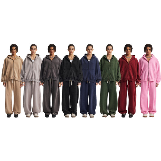 Fleece Lining Zip-Up Wax Dye Zipper Hoodie & Wide Leg Pants Sweatpants WN23112