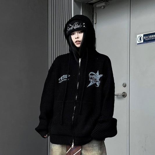 Waffle Knit Embroidery Oversize Zipper Hoodie WN24192