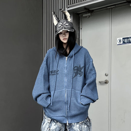Waffle Knit Embroidery Oversize Zipper Hoodie WN24192