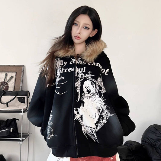 Fake Fur Collar Graphic Print Oversize Zipper Hoodie WN24193