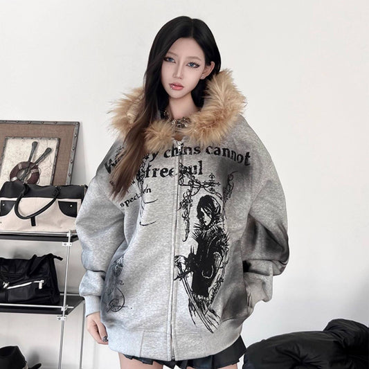 Fake Fur Collar Graphic Print Oversize Zipper Hoodie WN24193