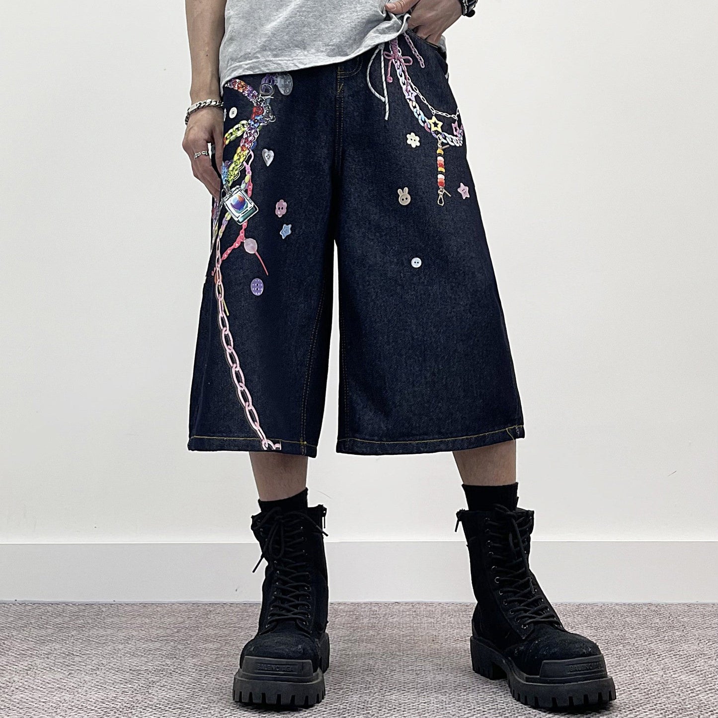 3D Chain Print Wide Leg Half Denim Jeans WN24263