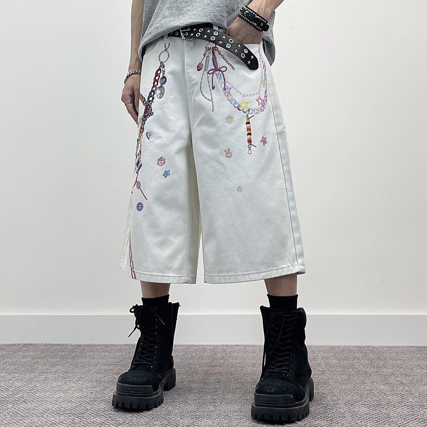 3D Chain Print Wide Leg Half Denim Jeans WN24263