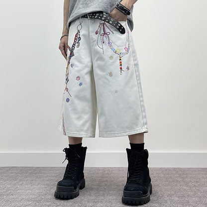 3D Chain Print Wide Leg Half Denim Jeans WN24263